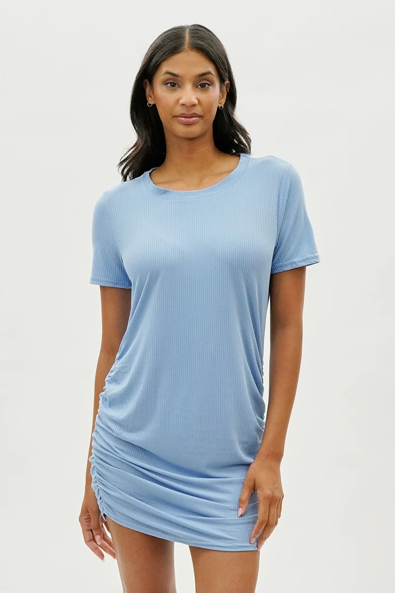 Ribbed Short Sleeve Ruched Side Day Dress - Blue