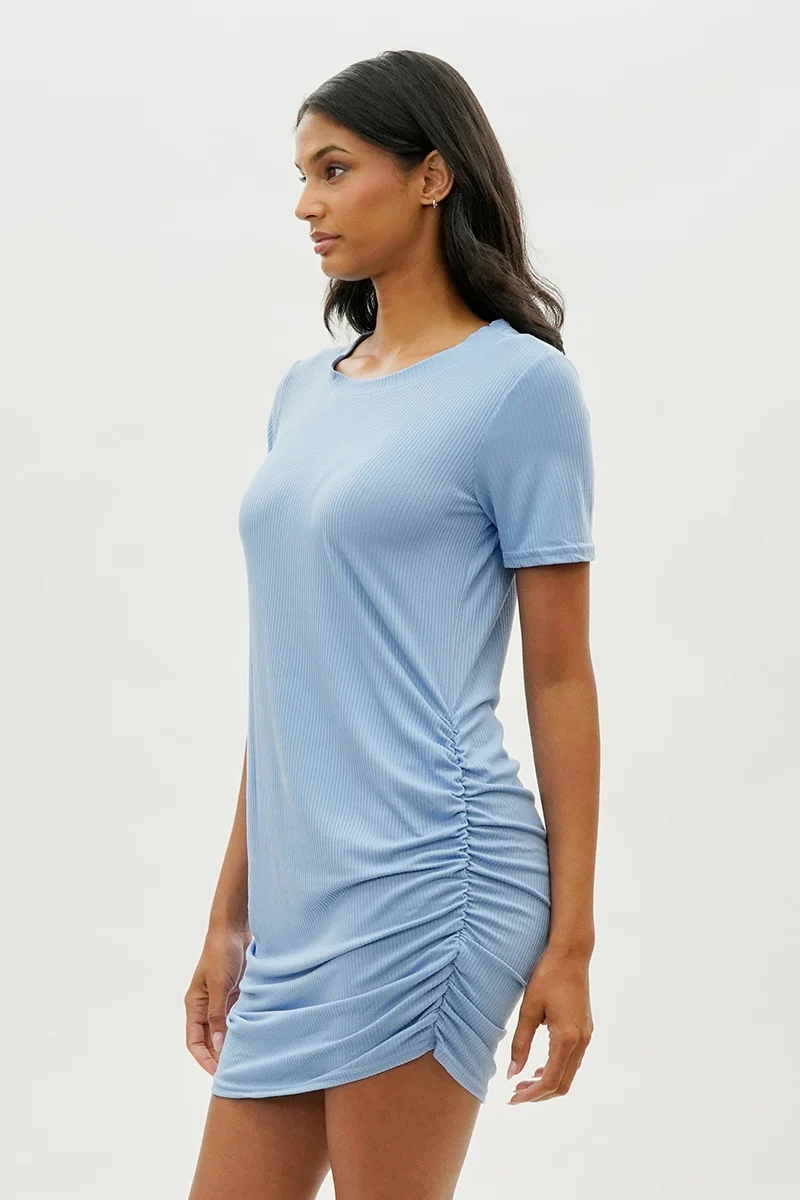 Ribbed Short Sleeve Ruched Side Day Dress - Blue - Image 2