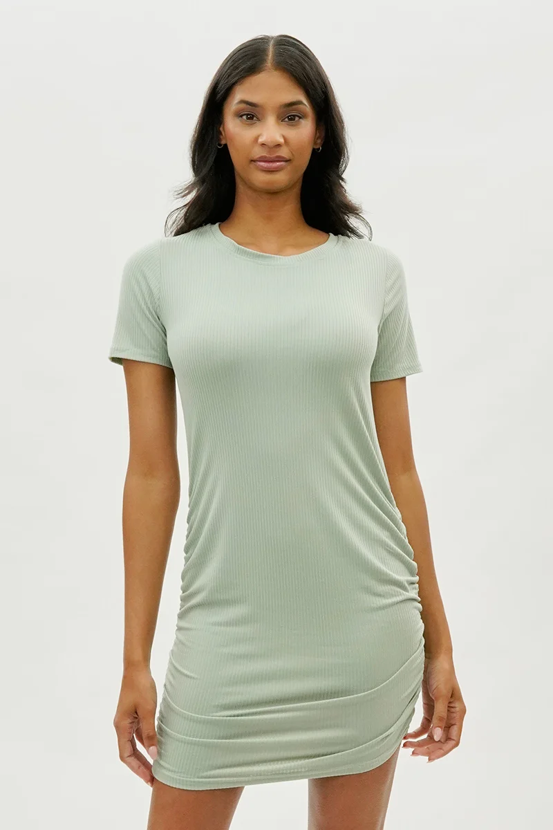 Ribbed Short Sleeve Ruched Side Day Dress - Mint