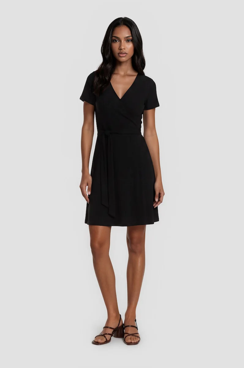 Crossover Short Wrap Dress - Black