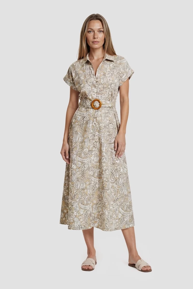 Short Sleeve Belted Midi Dress - Taupe