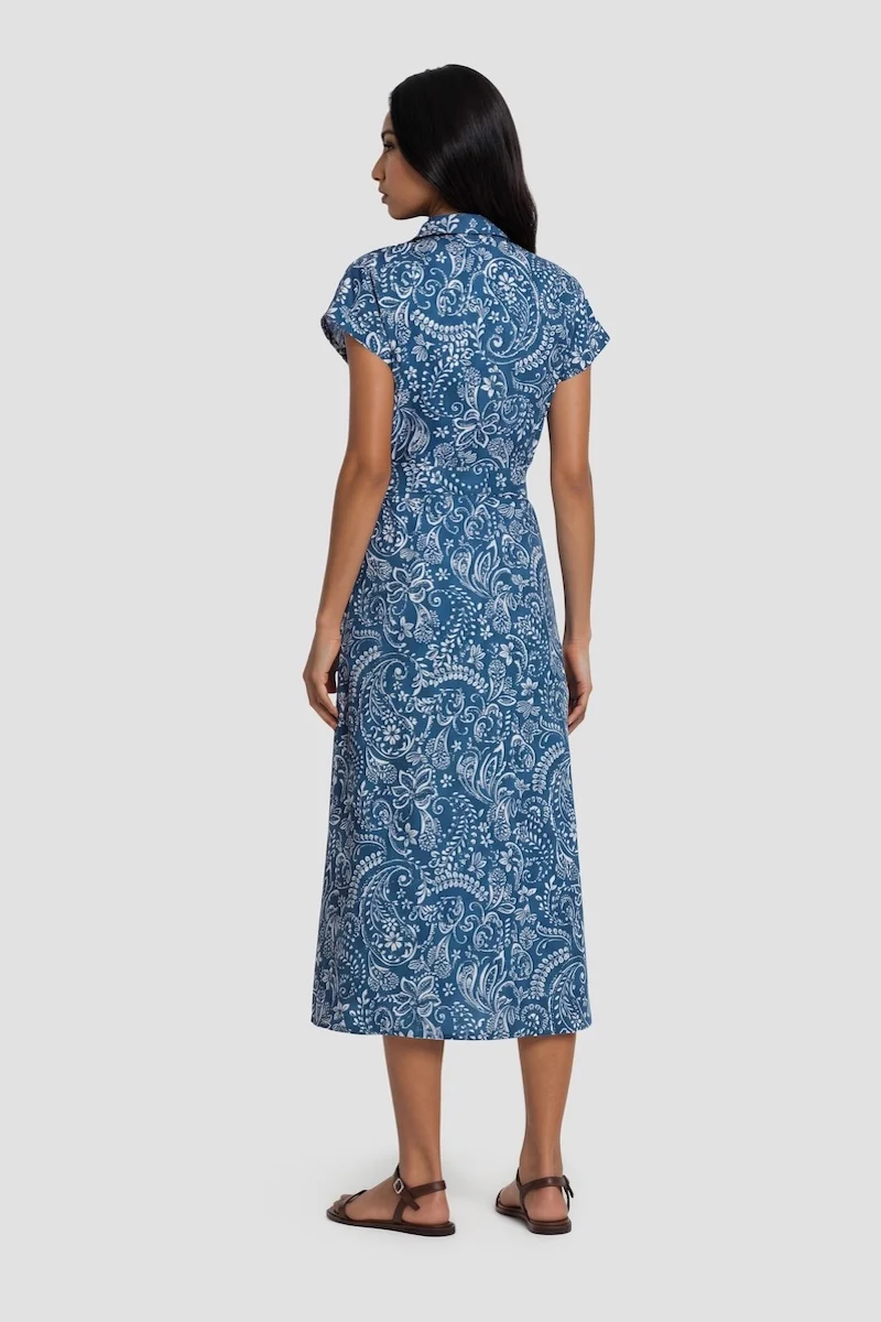 Short Sleeve Belted Midi Dress - Blue - Image 2