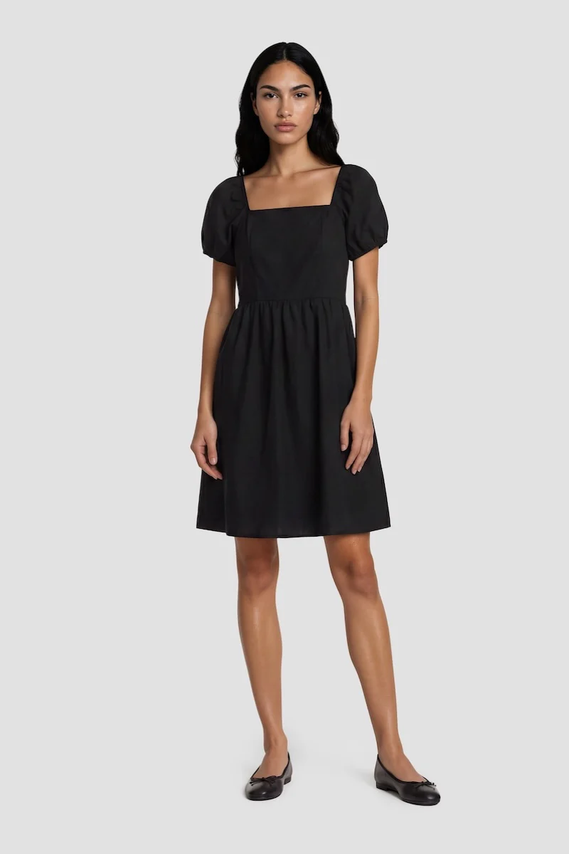 Bell Sleeve Square Neck Short Dress - Black