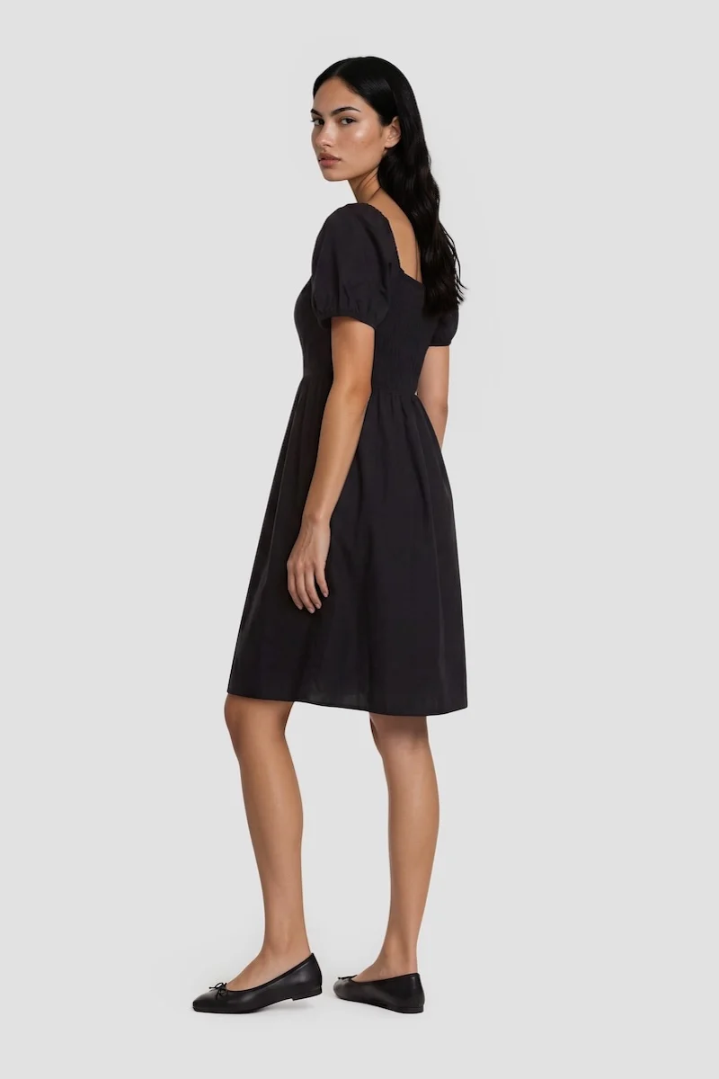 Bell Sleeve Square Neck Short Dress - Black - Image 2