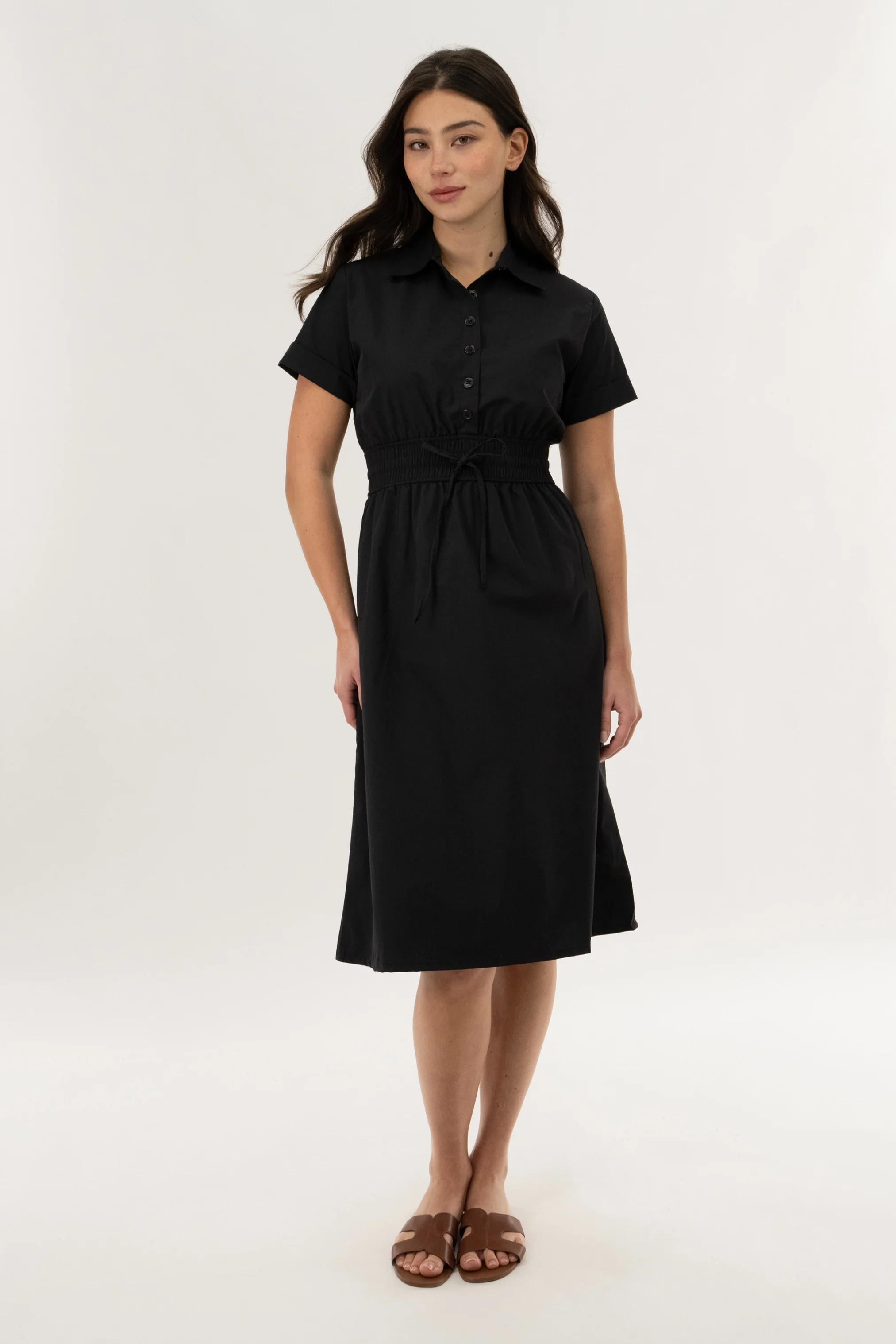 Smocked Waist Midi Dress - Black - Image 5
