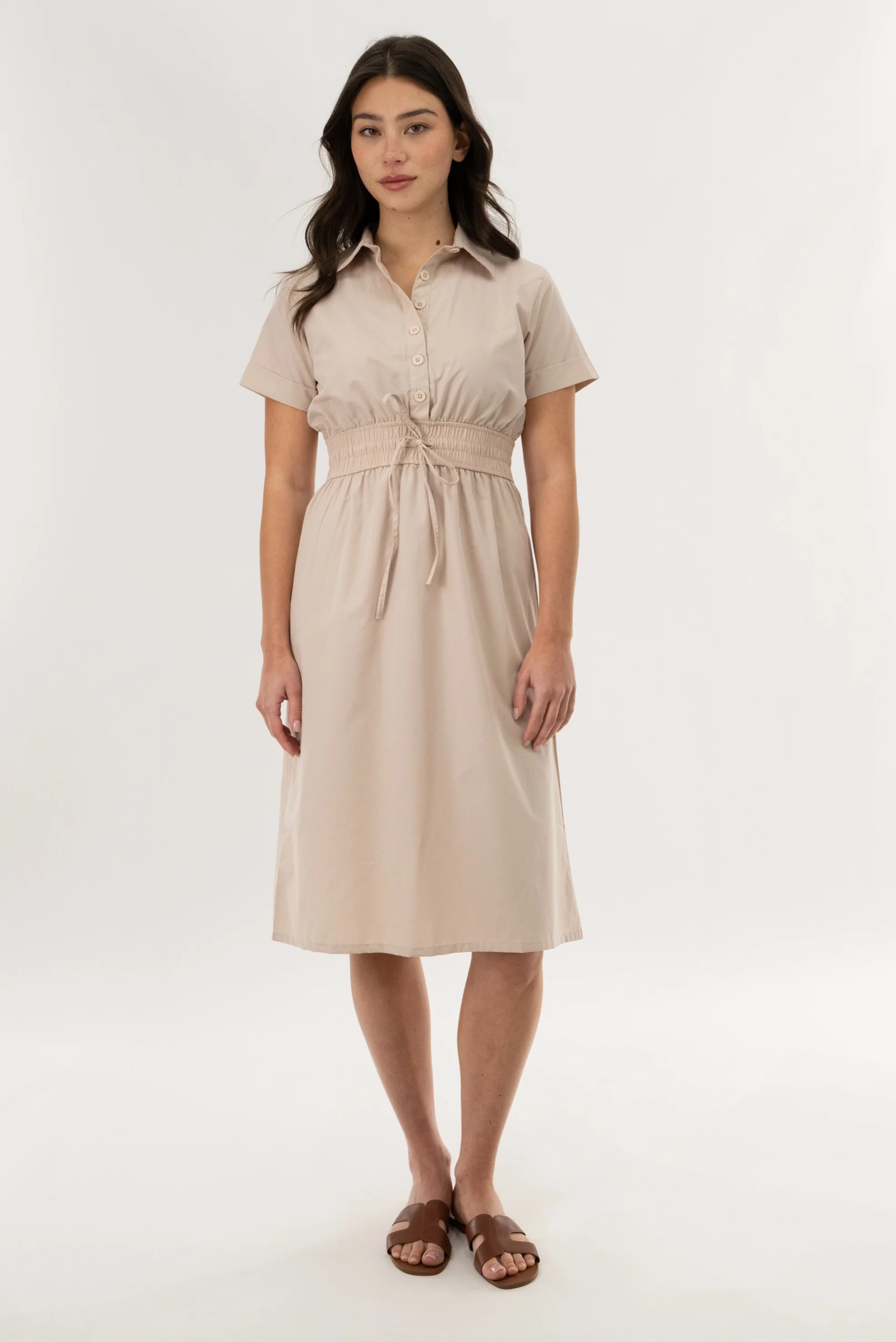 Smocked Waist Midi Dress - Taupe