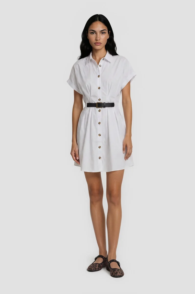 Drop Shoulder Buckle Dress - White
