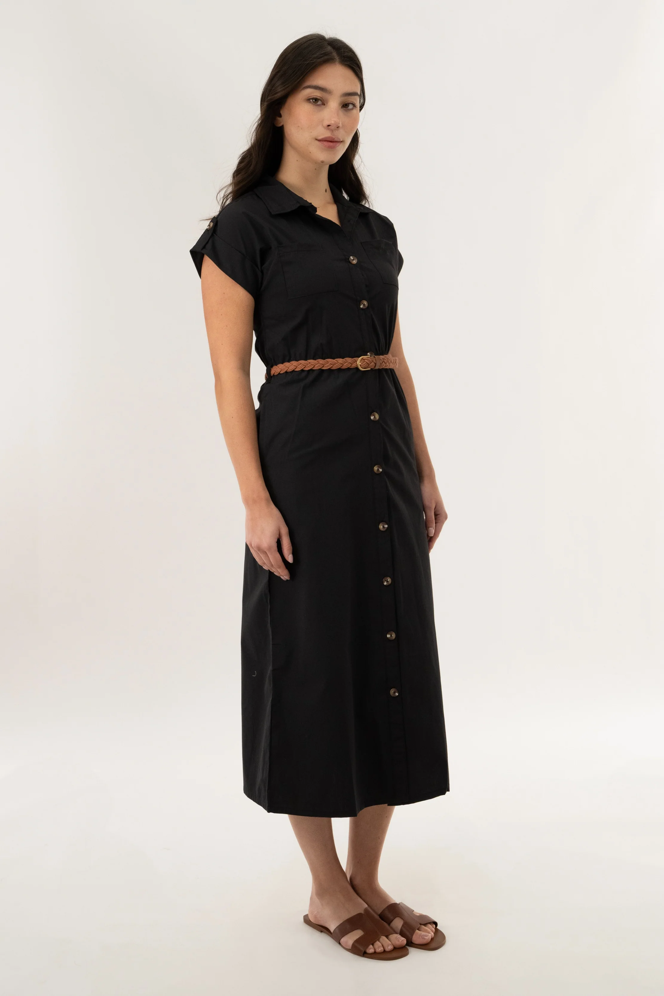 Belted Button Up Midi Dress - Black - Image 2