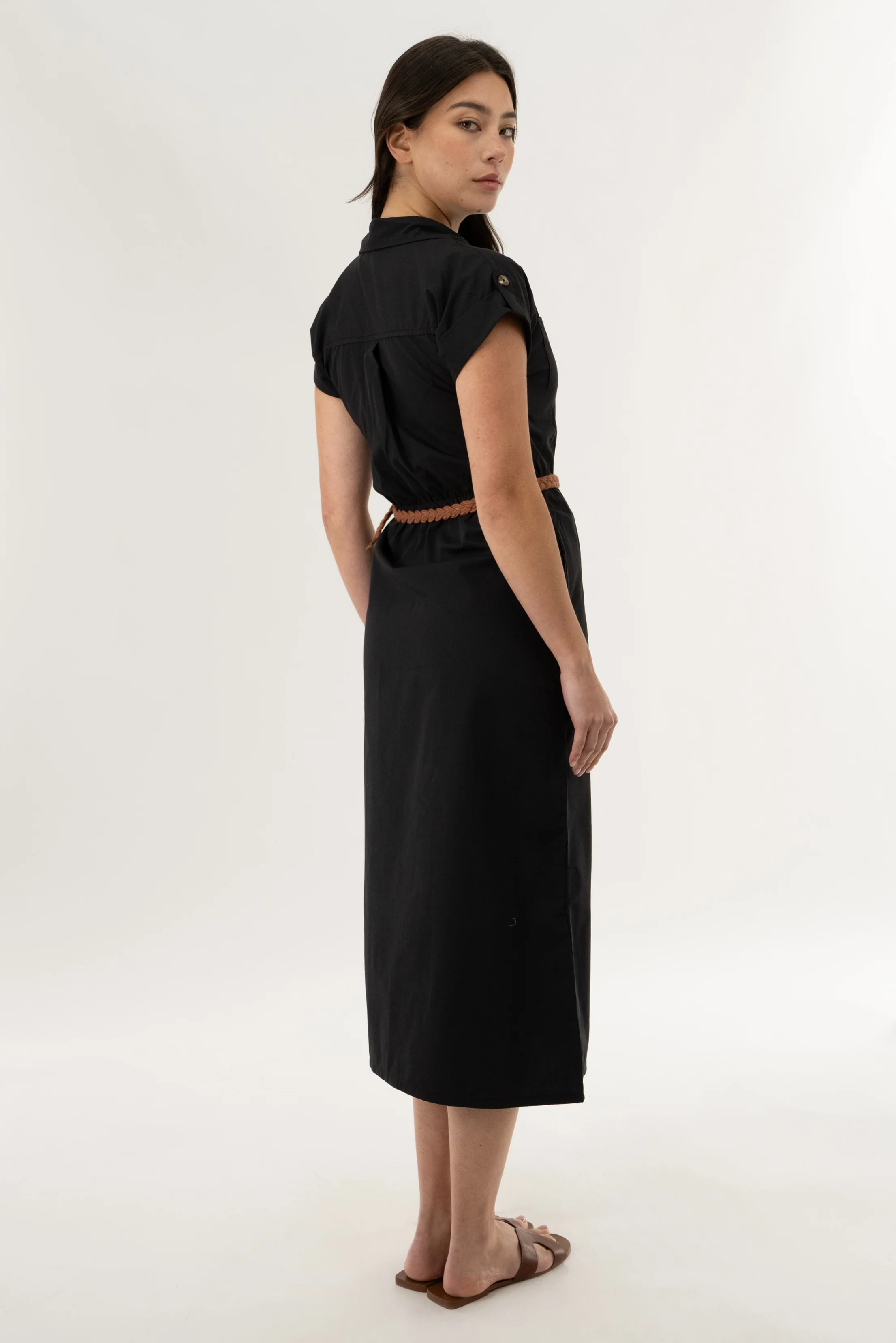 Belted Button Up Midi Dress - Black - Image 3