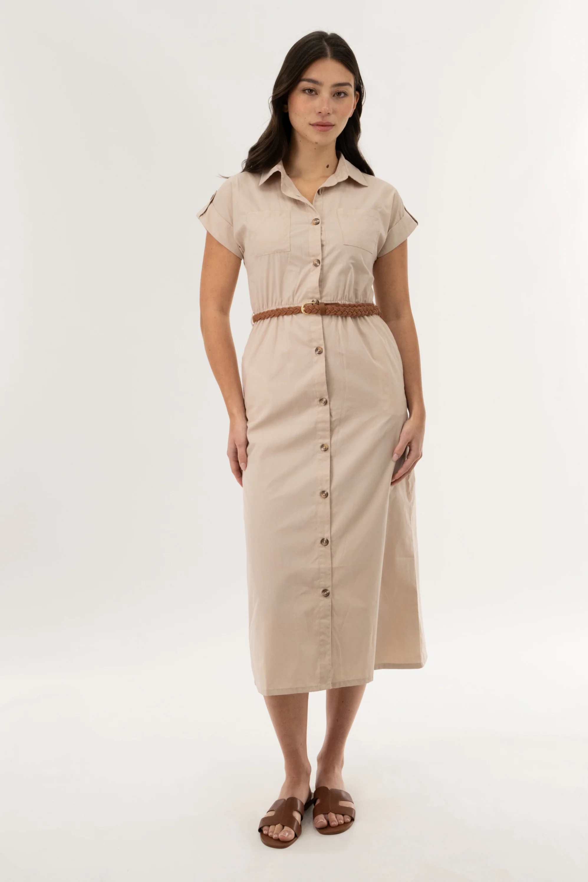 Belted Button Up Midi Dress - Taupe