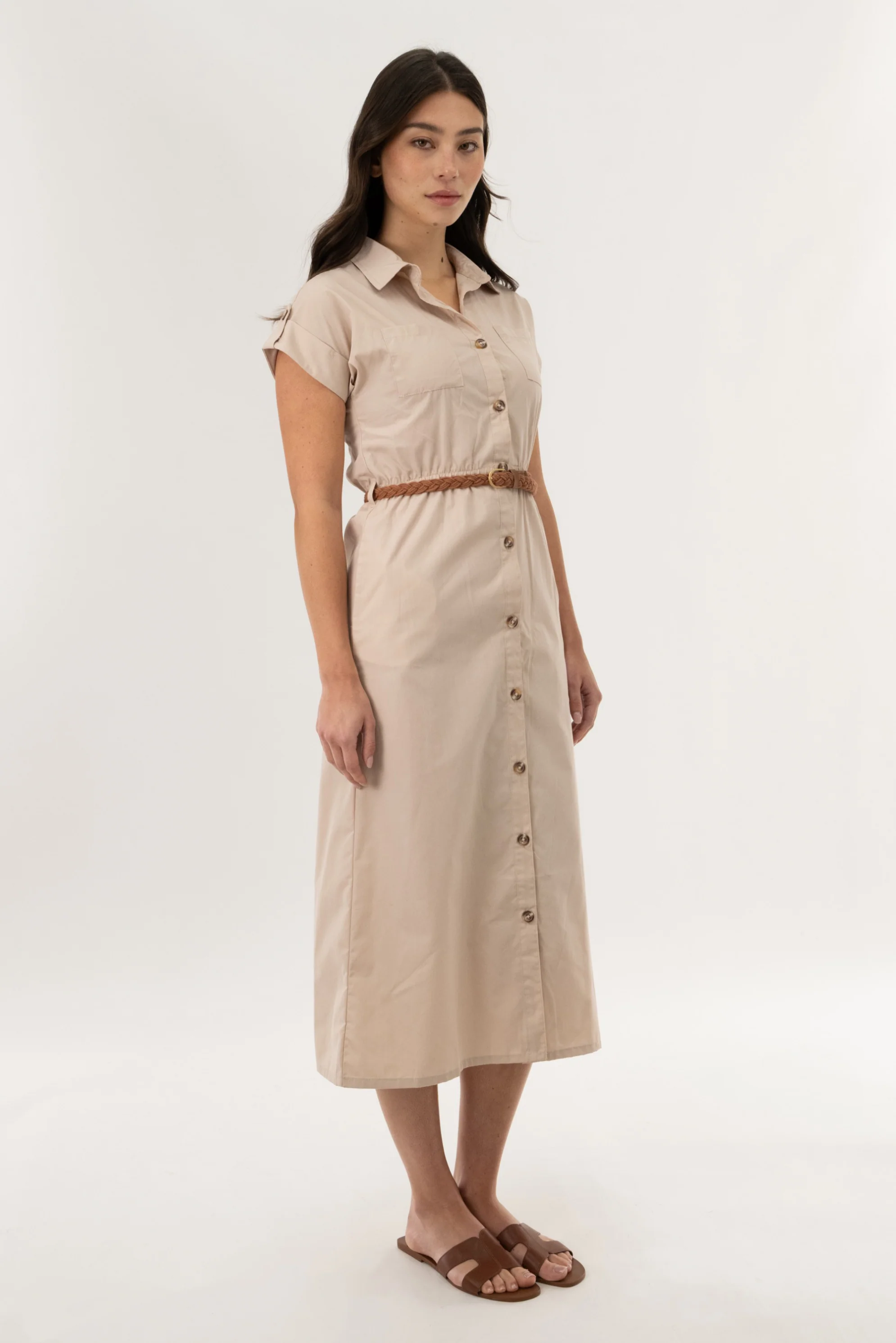Belted Button Up Midi Dress - Taupe - Image 2