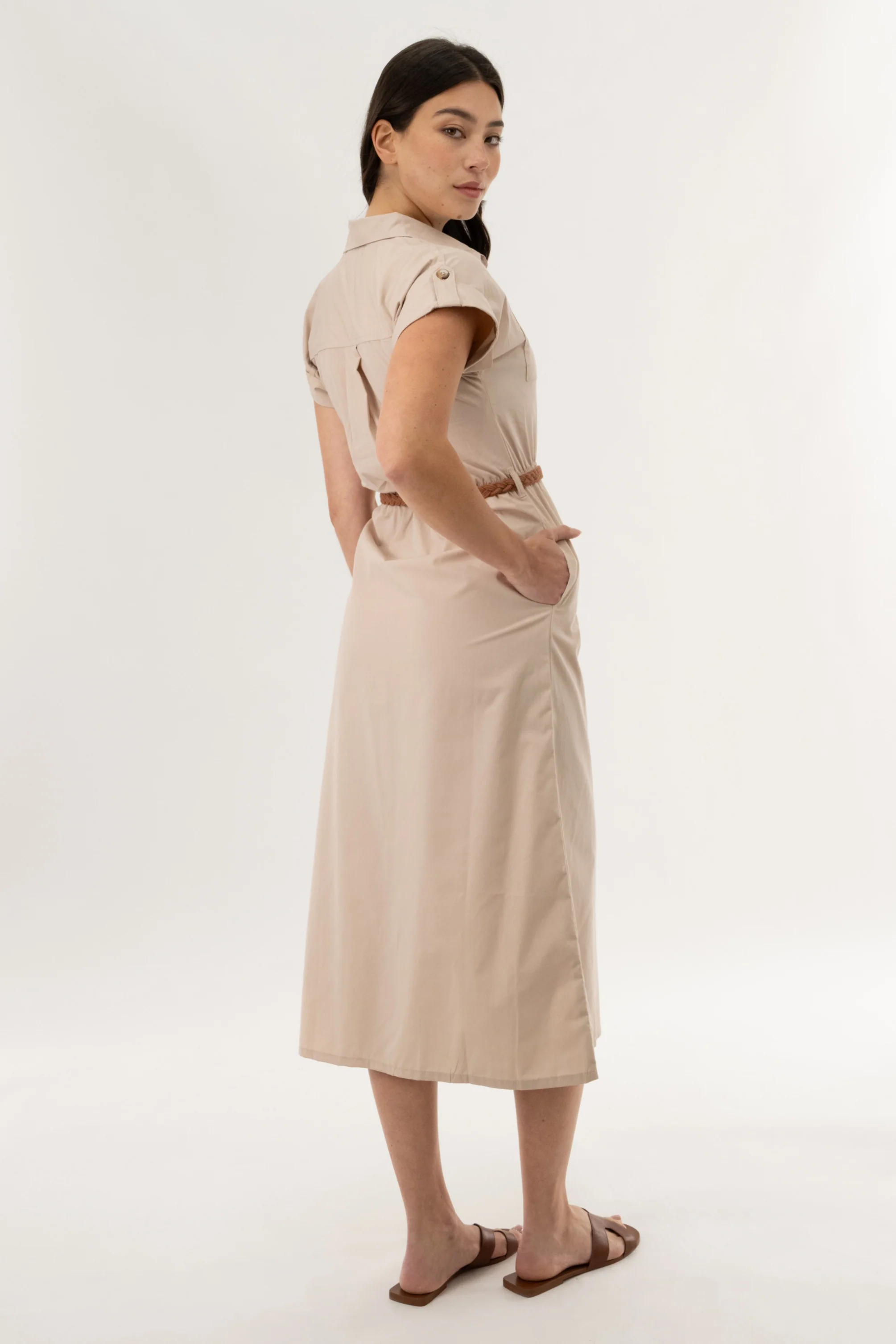 Belted Button Up Midi Dress - Taupe - Image 3