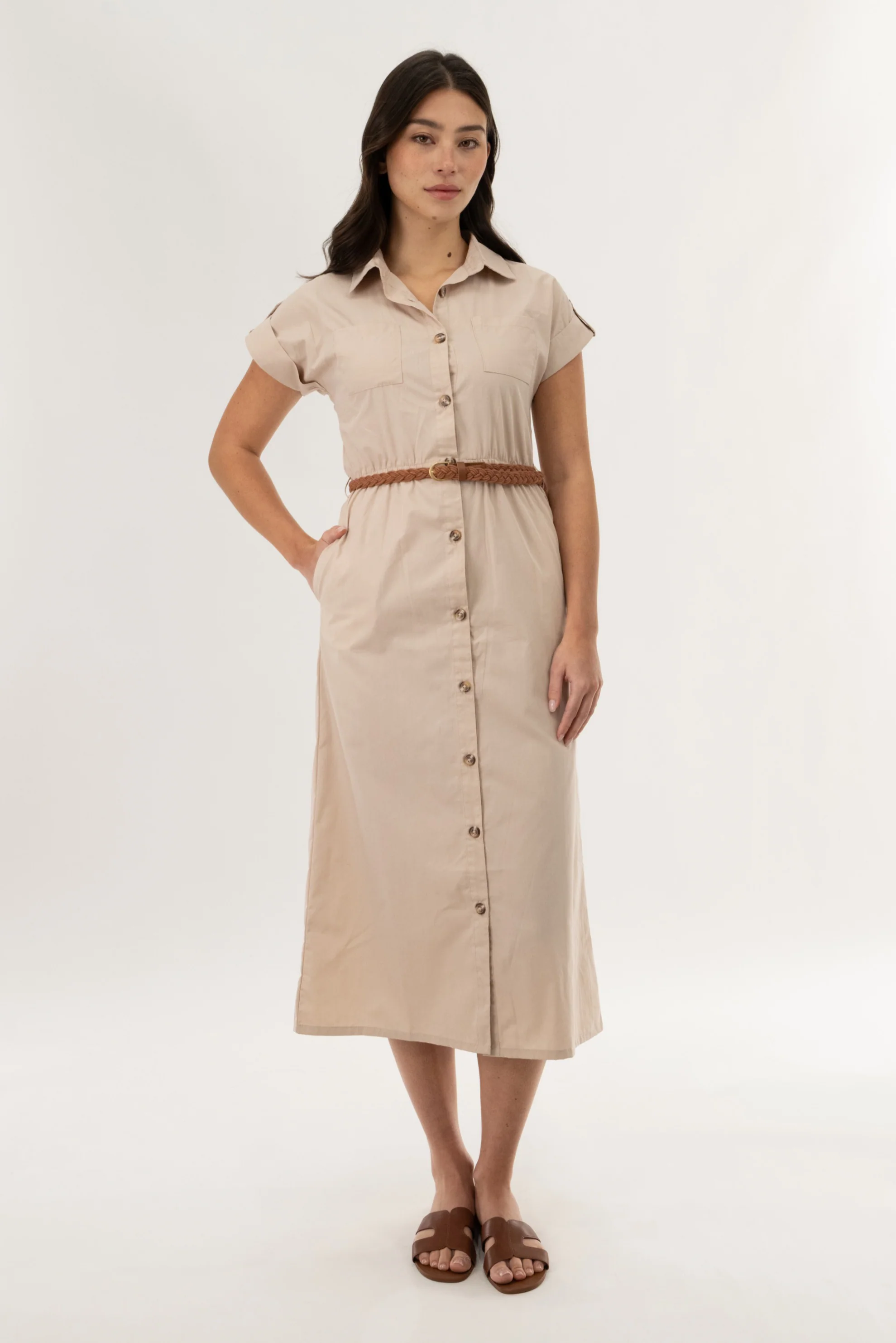 Belted Button Up Midi Dress - Taupe - Image 5