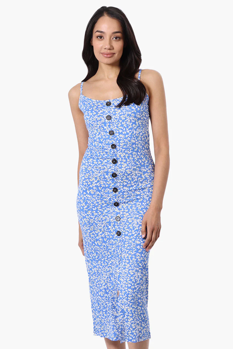 Floral Button Down Midi Dress - Blue