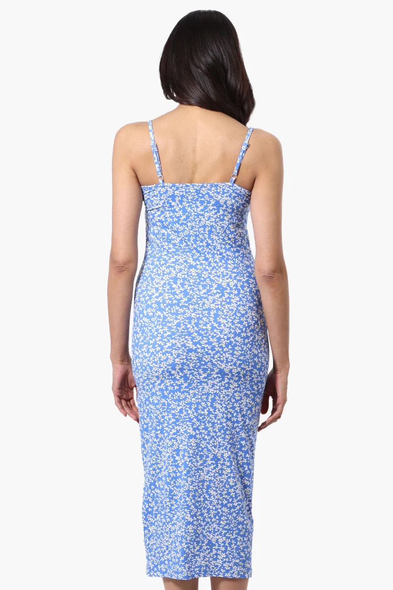 Floral Button Down Midi Dress - Blue - Image 3