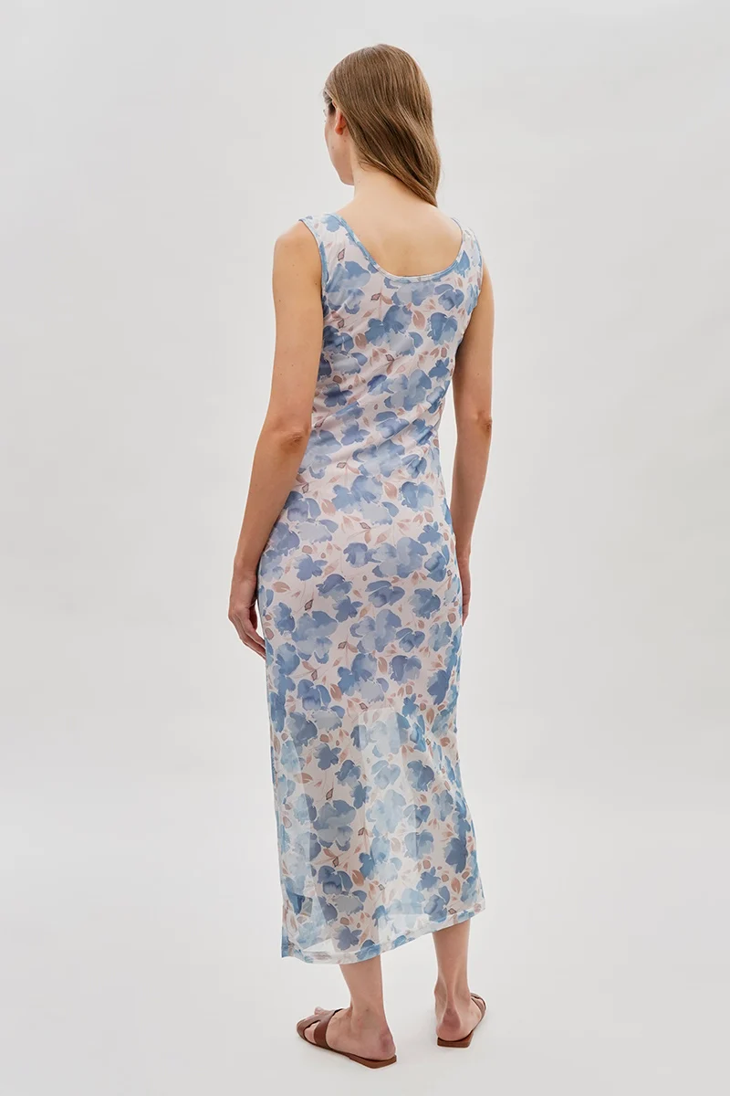 Floral Sheer Lined Maxi Dress - Blue - Image 3