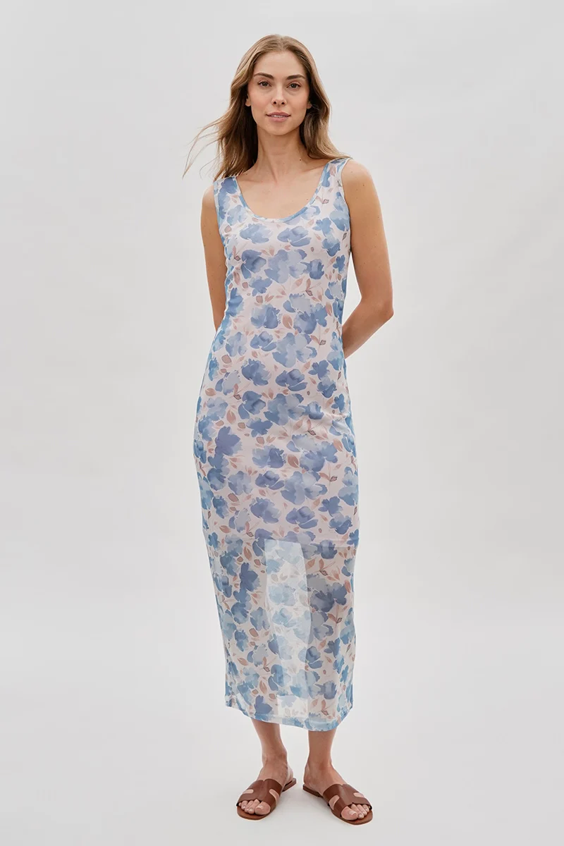 Floral Sheer Lined Maxi Dress - Blue - Image 5