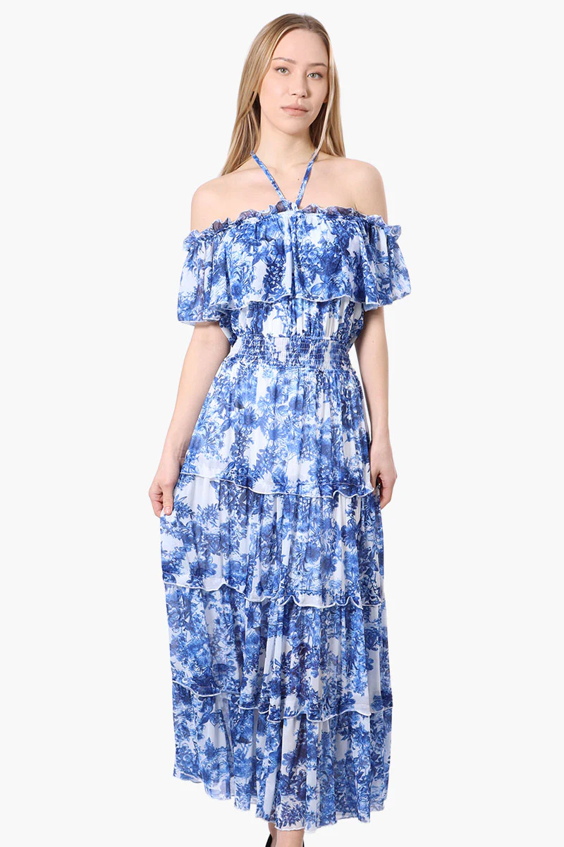 Leaf Pattern Halter Strap Tiered Maxi Dress - Blue