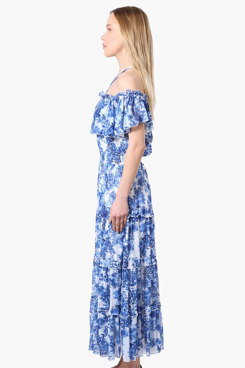 Leaf Pattern Halter Strap Tiered Maxi Dress - Blue - Image 2