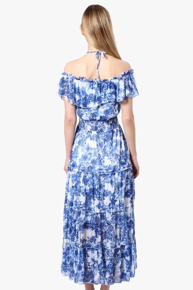 Leaf Pattern Halter Strap Tiered Maxi Dress - Blue - Image 3