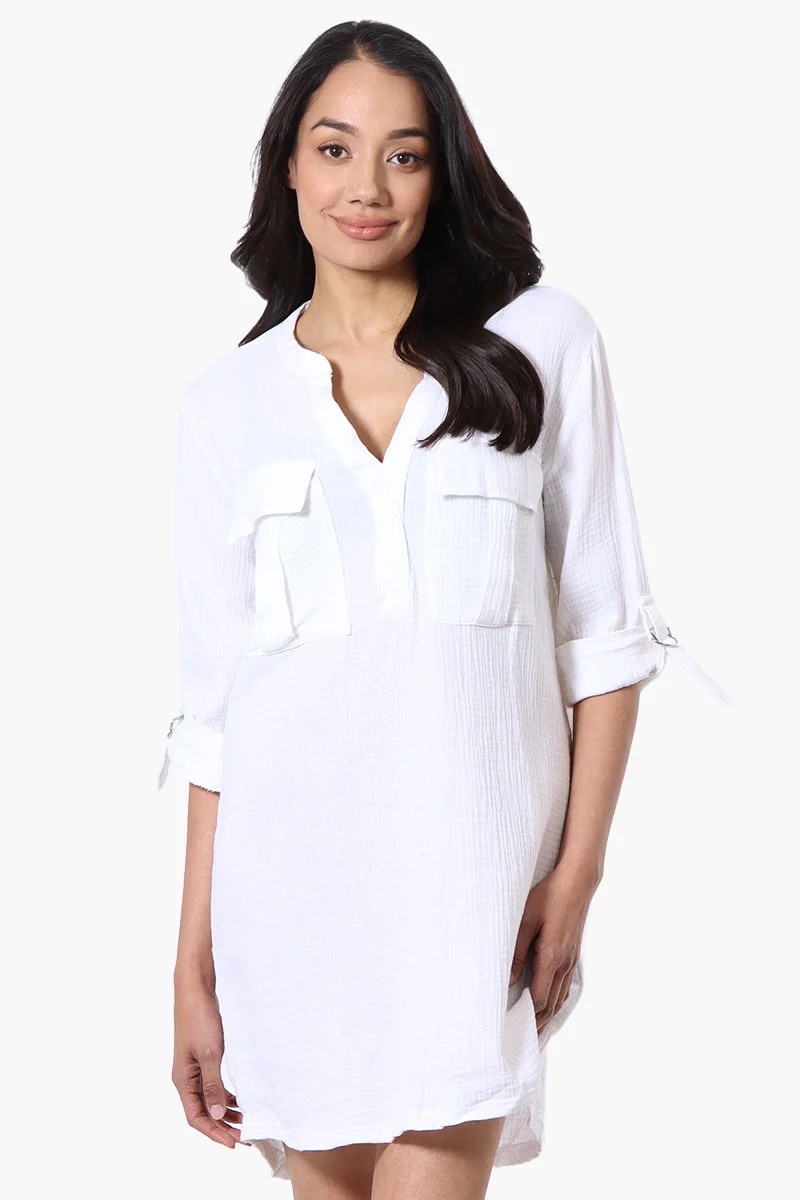 Roll Up Sleeve Shirt Day Dress - White