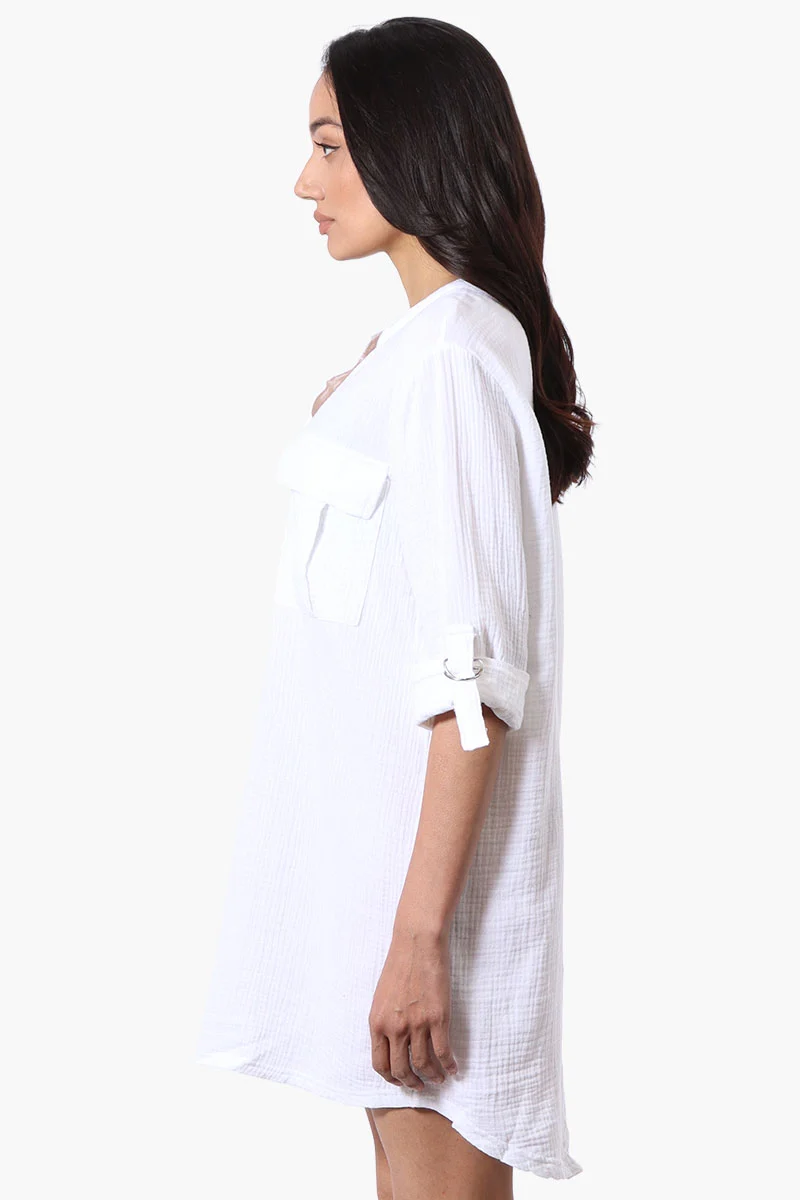 Roll Up Sleeve Shirt Day Dress - White - Image 2