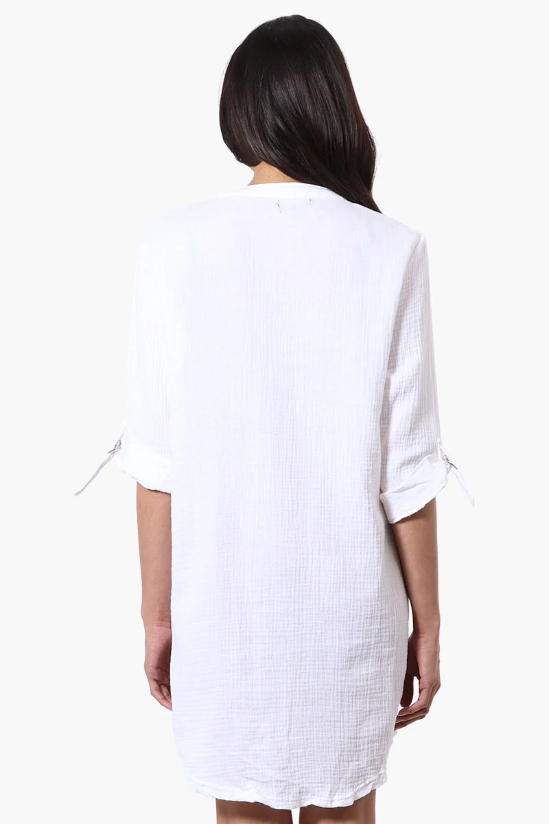 Roll Up Sleeve Shirt Day Dress - White - Image 3