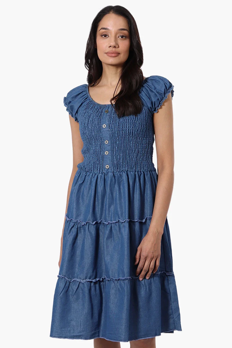 Cap Sleeve Smocked Denim Day Dress - Blue