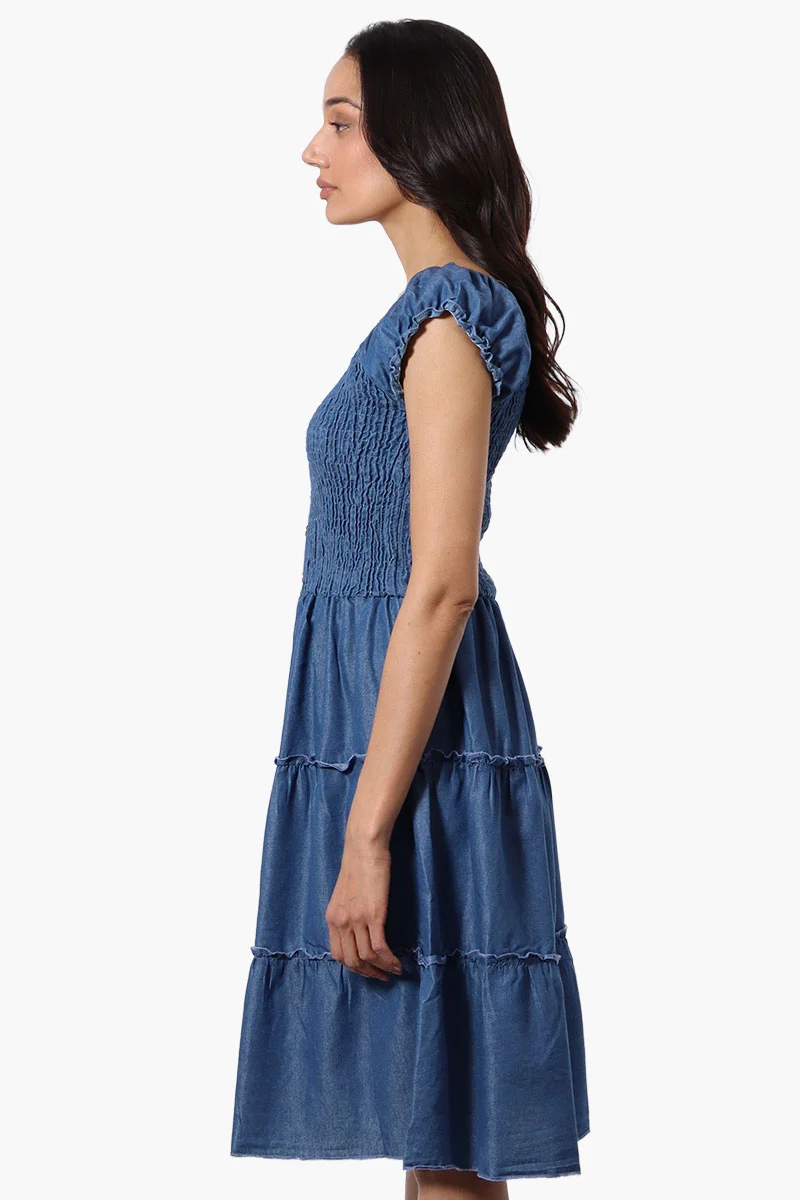 Cap Sleeve Smocked Denim Day Dress - Blue - Image 2