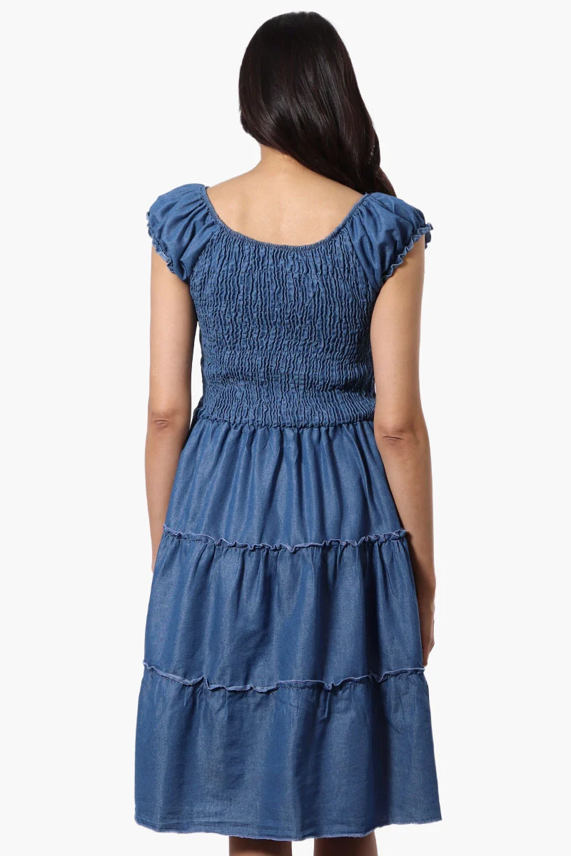 Cap Sleeve Smocked Denim Day Dress - Blue - Image 3