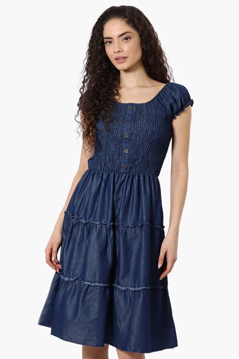 Cap Sleeve Smocked Denim Day Dress - Navy