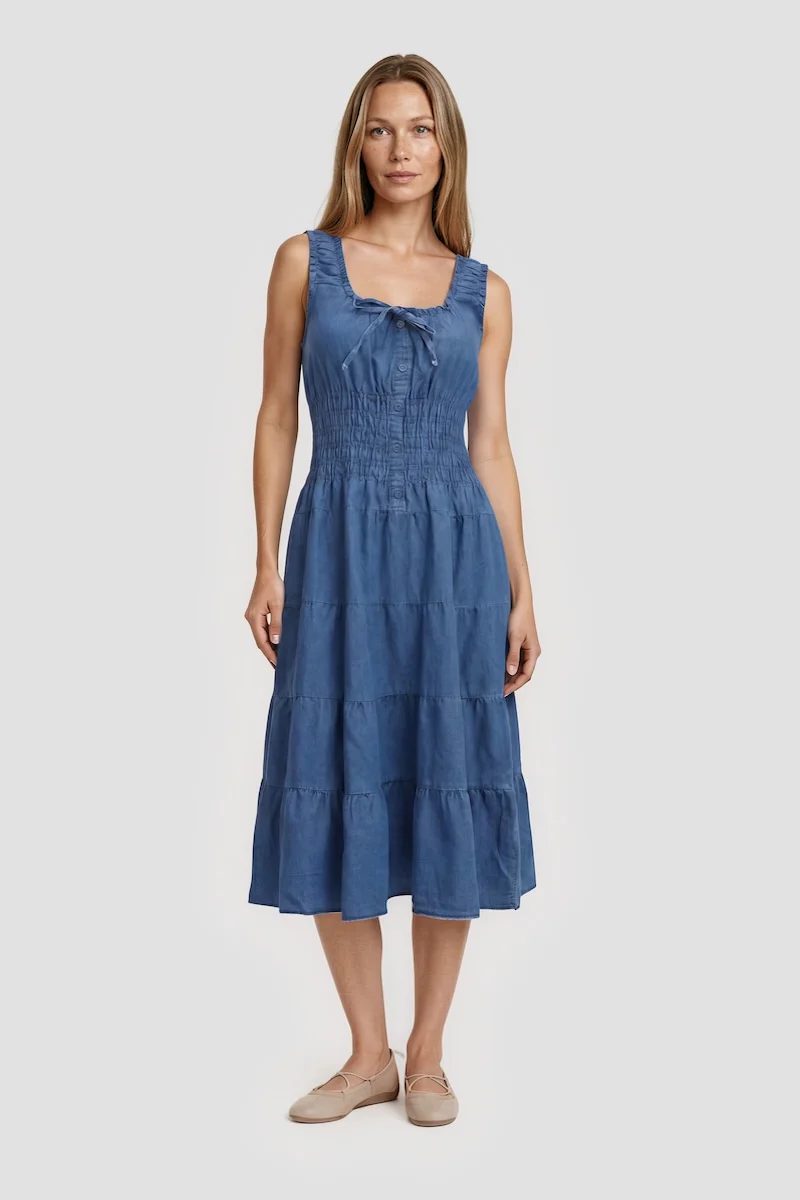 Sleeveless Tiered Midi Dress - Blue