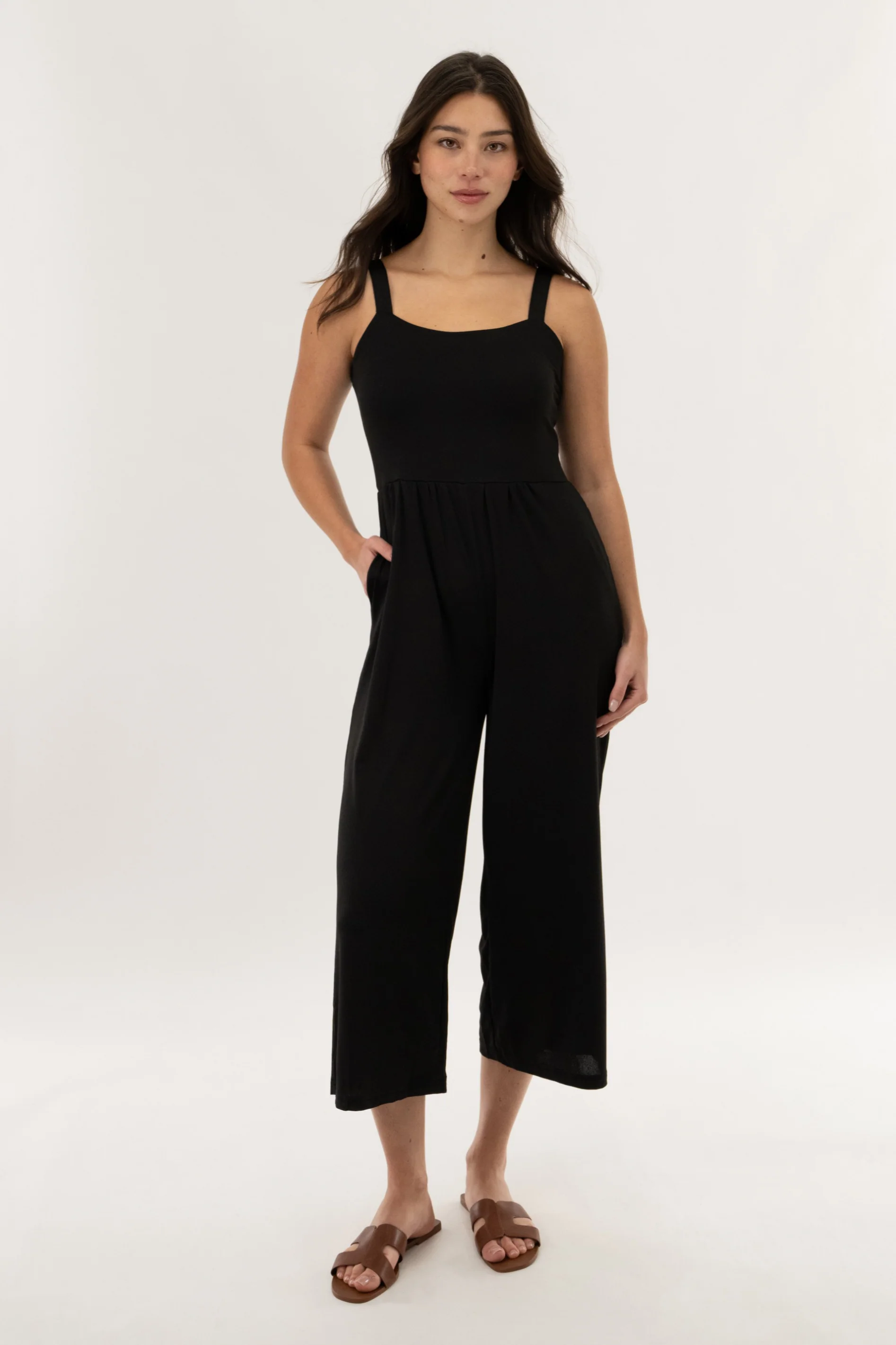 Wide Leg Cropped Jumpsuit - Black