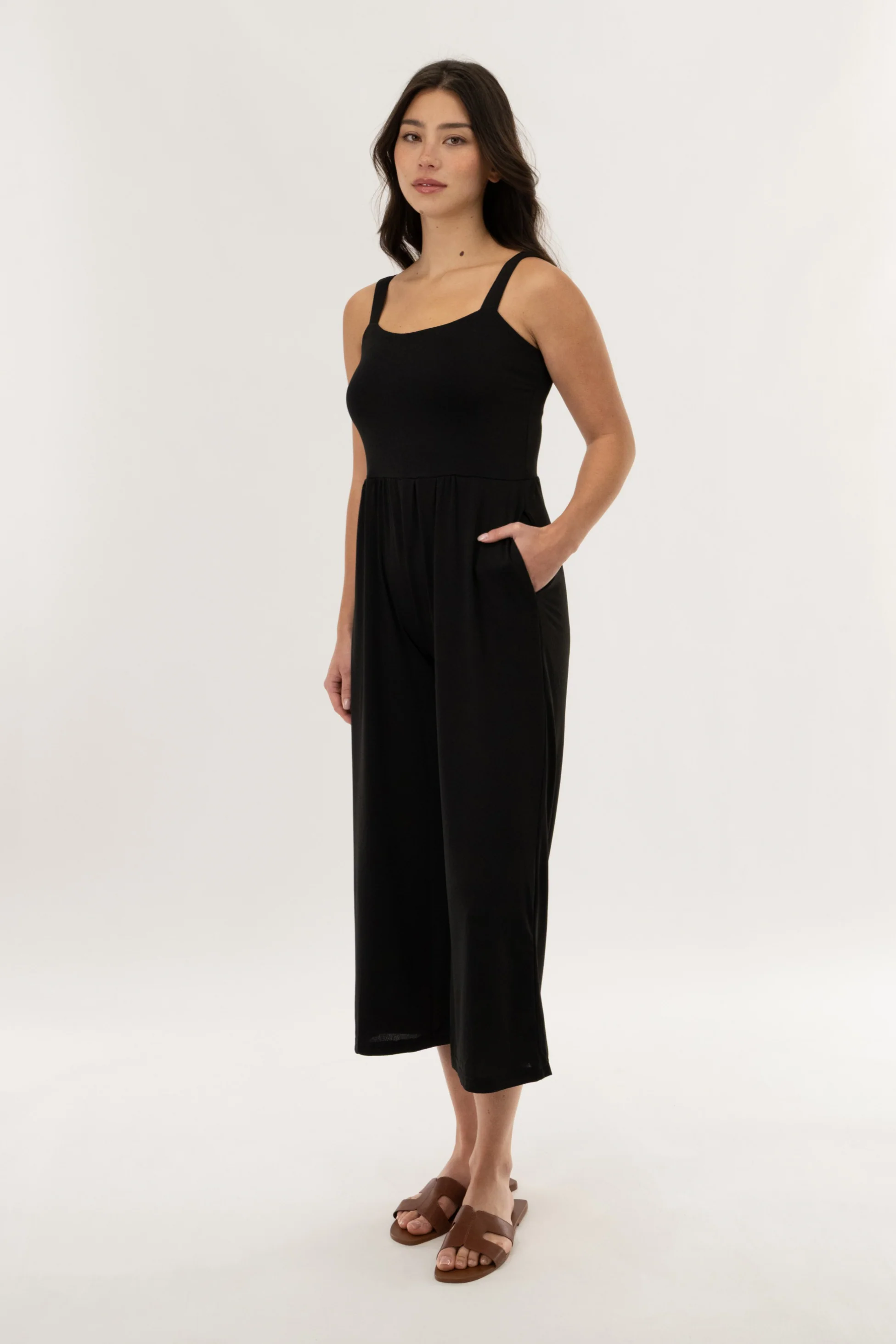 Wide Leg Cropped Jumpsuit - Black - Image 2