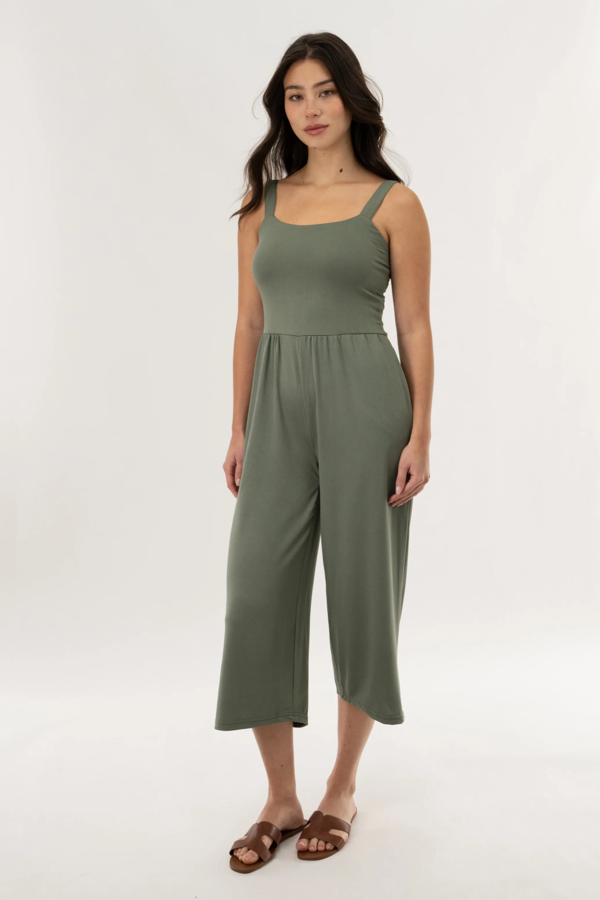 Wide Leg Cropped Jumpsuit - Olive - Image 2