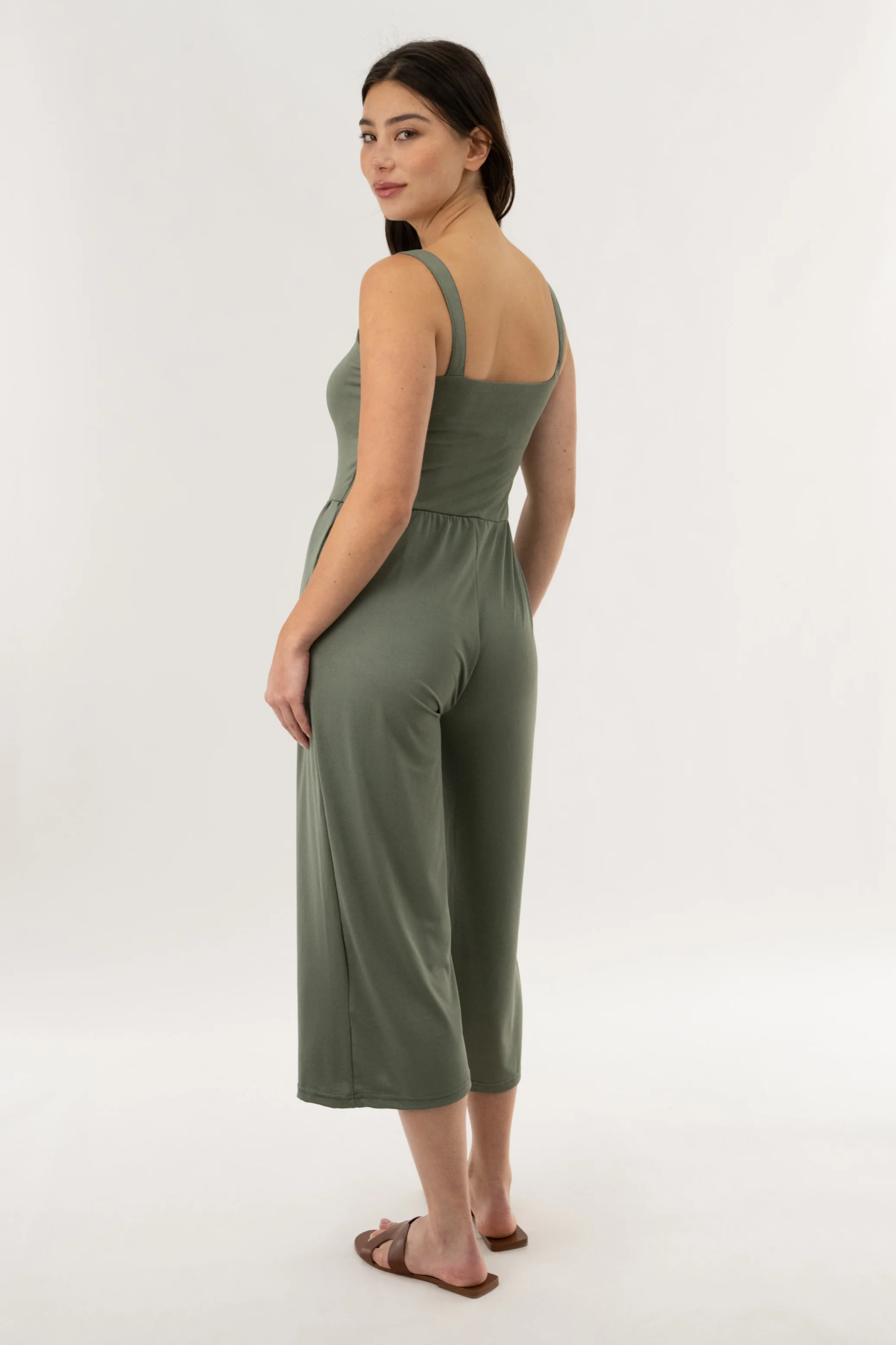 Wide Leg Cropped Jumpsuit - Olive - Image 3