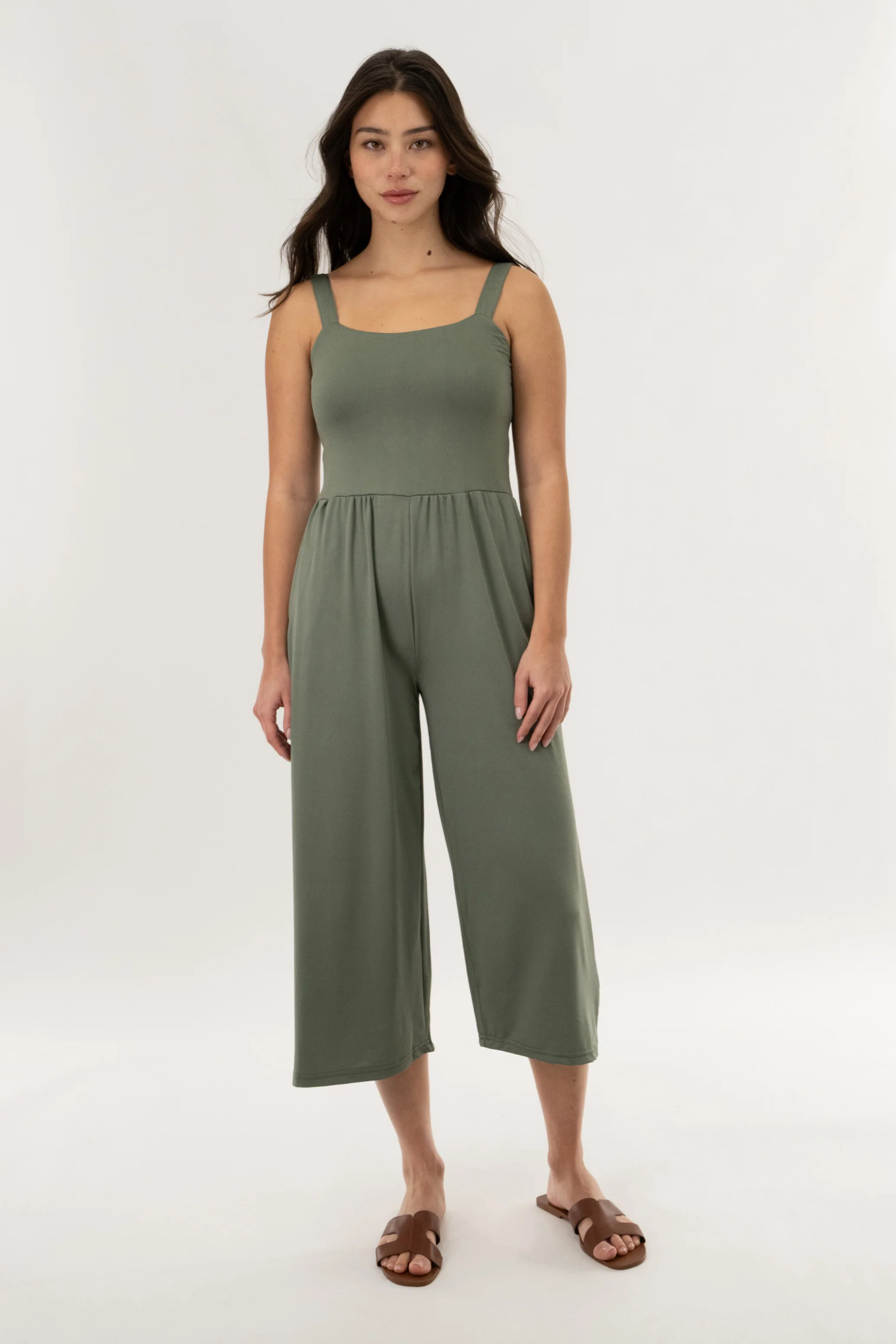 Wide Leg Cropped Jumpsuit - Olive - Image 5