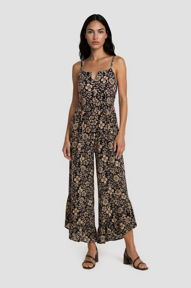 Printed Wide Leg Jumpsuit - Beige