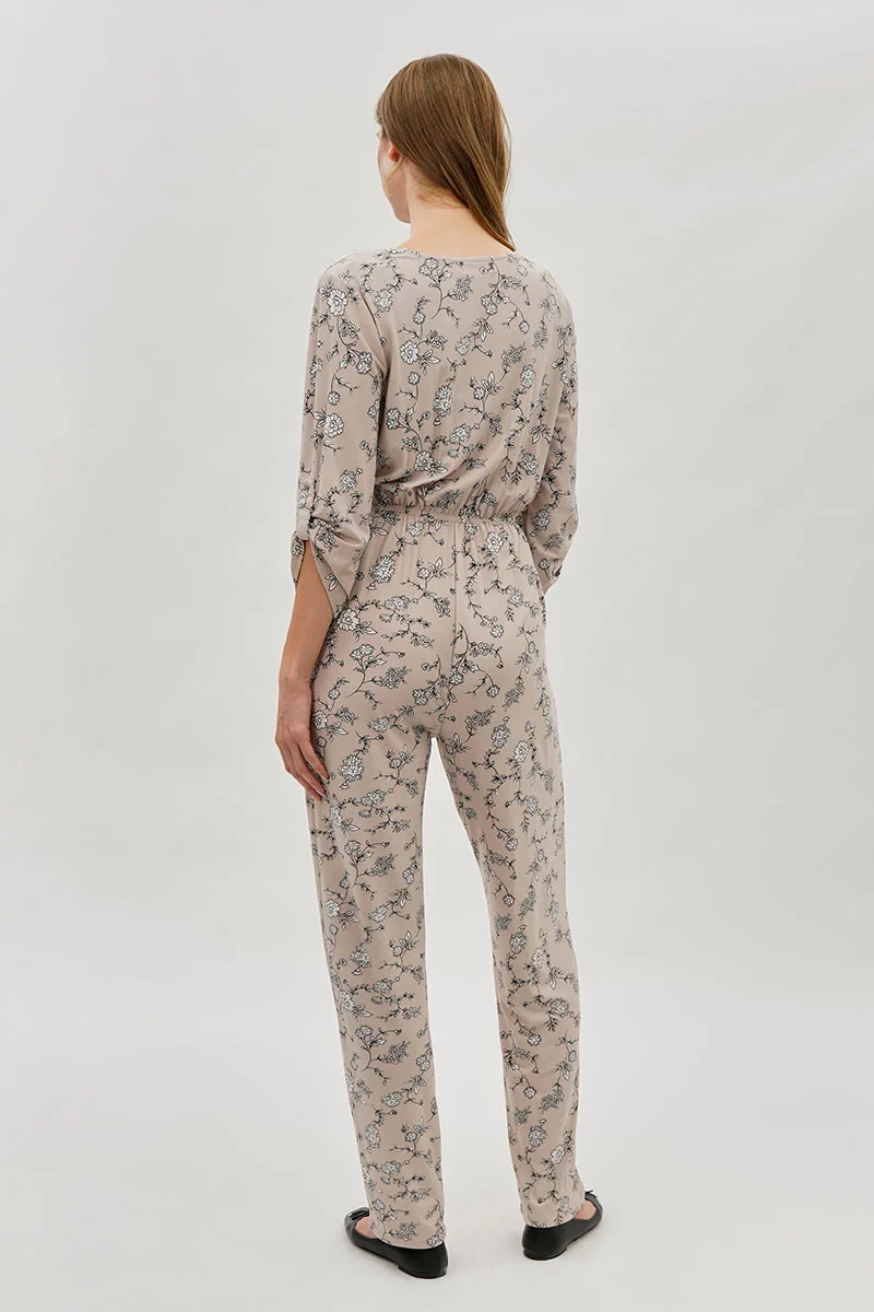 Floral Print Half Zip Jumpsuit - Beige - Image 3