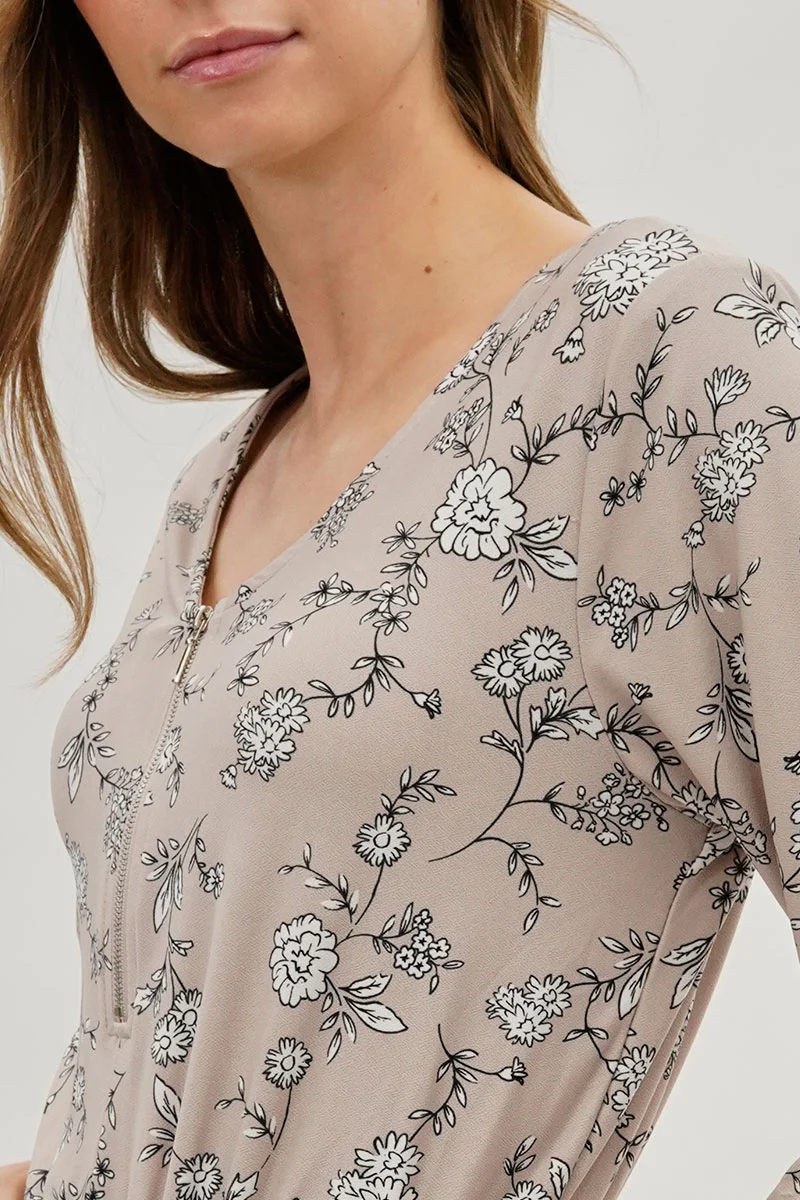 Floral Print Half Zip Jumpsuit - Beige - Image 4