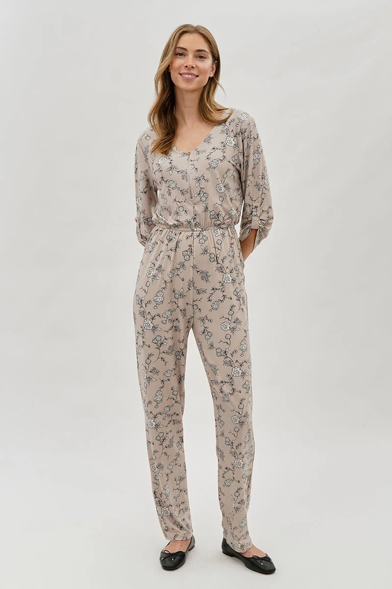 Floral Print Half Zip Jumpsuit - Beige - Image 5