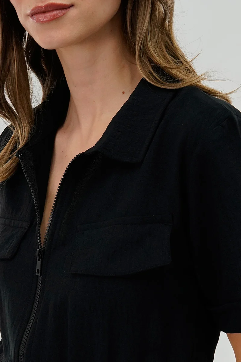 Vintage Zip Up Drawstring Waist Jumpsuit - Black - Image 4