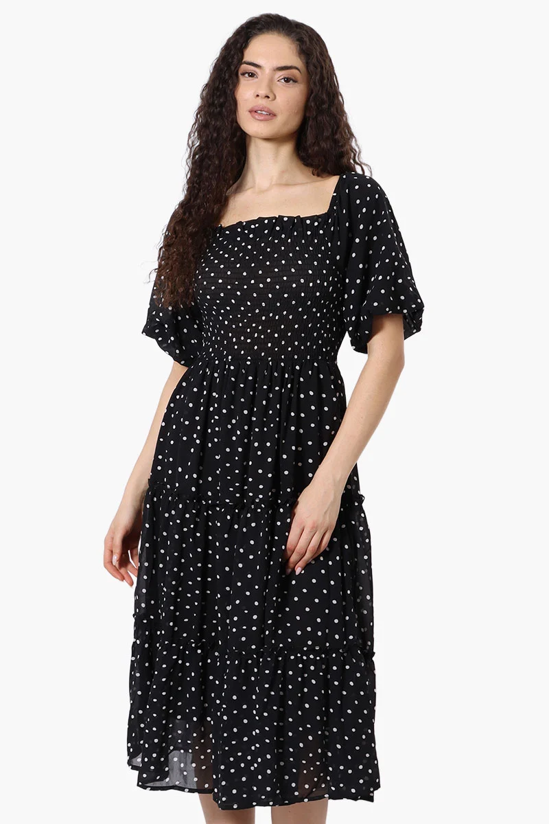 Polka Dot Pattern Smocked Day Dress - Black