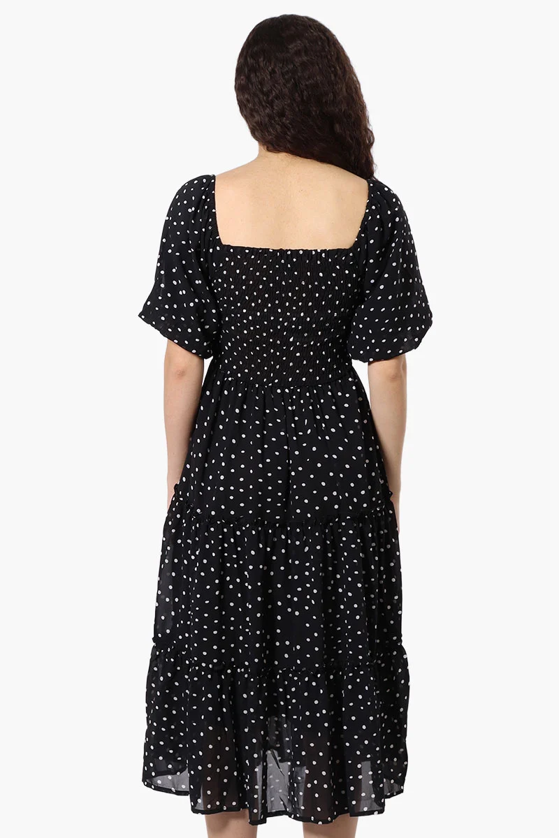 Polka Dot Pattern Smocked Day Dress - Black - Image 3