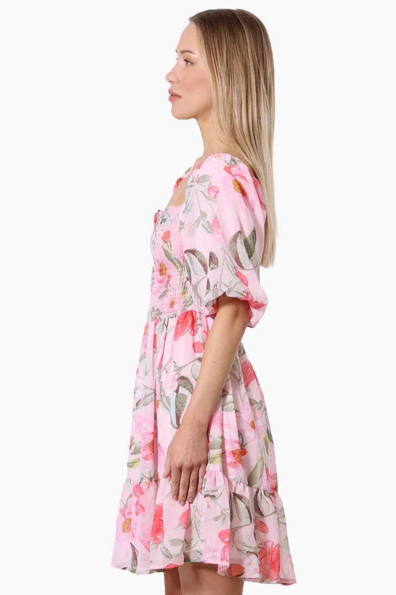 Floral Puff Sleeve Smocked Day Dress - Pink - Image 2
