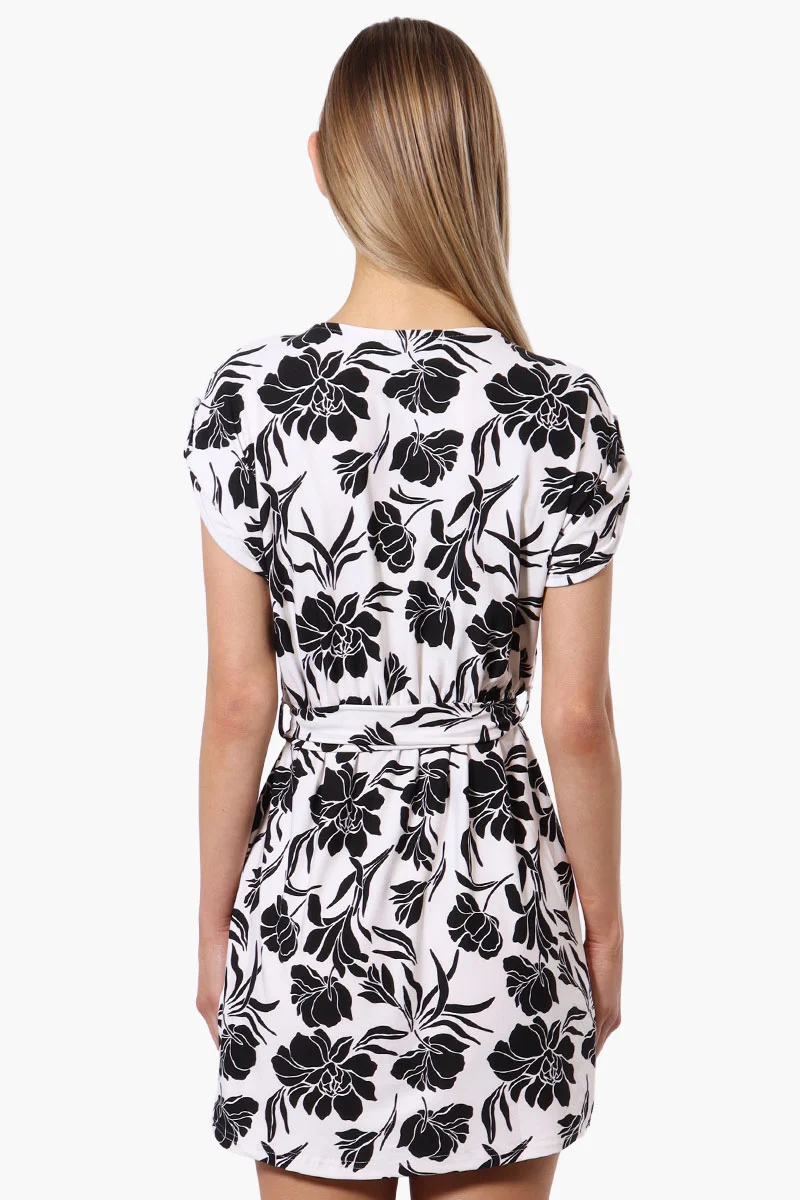 Floral Belted Button Down Day Dress - White - Image 3