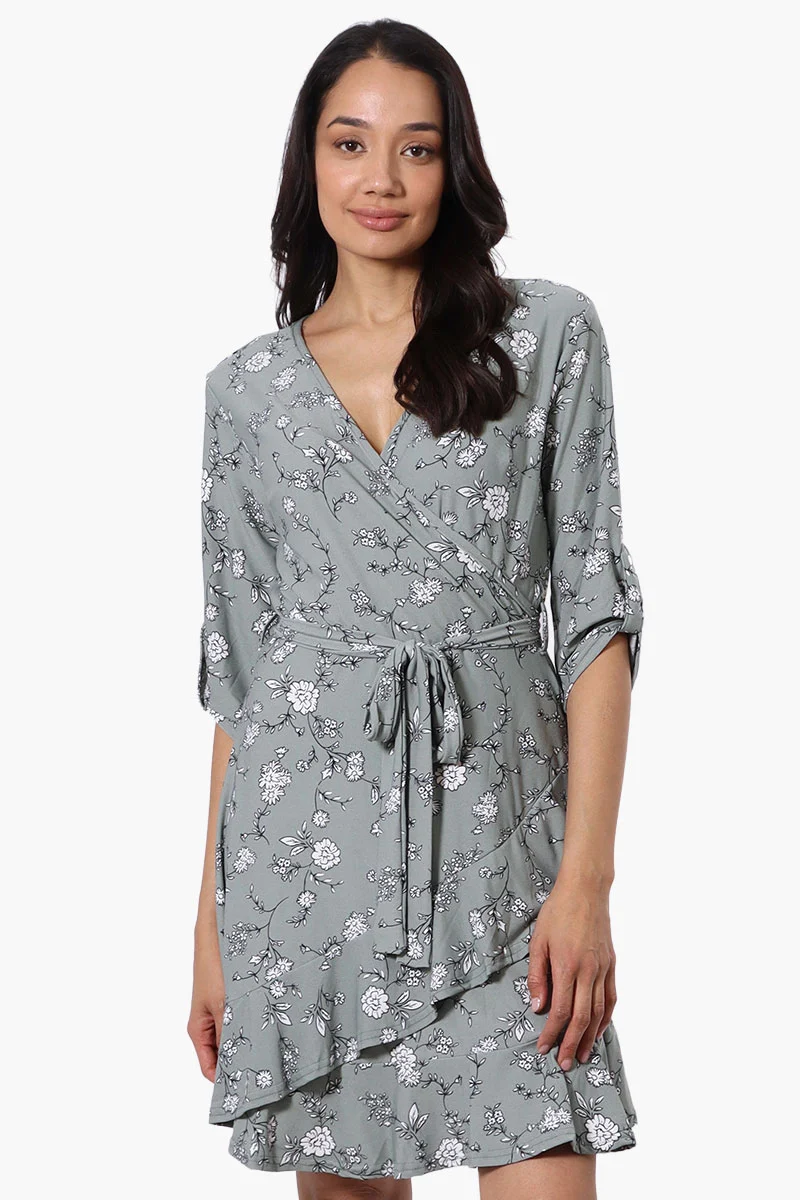 Floral Belted Crossover Day Dress - Mint