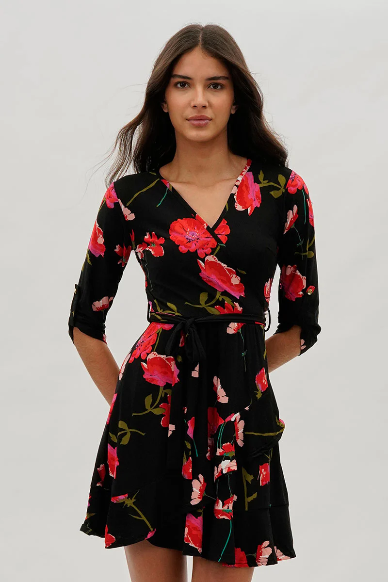 Belted Floral Day Dress - Black