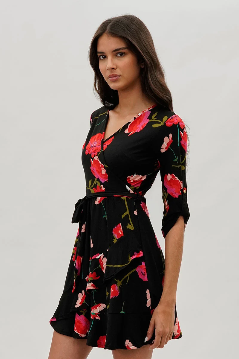 Belted Floral Day Dress - Black - Image 2