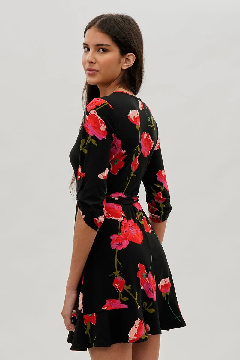 Belted Floral Day Dress - Black - Image 3